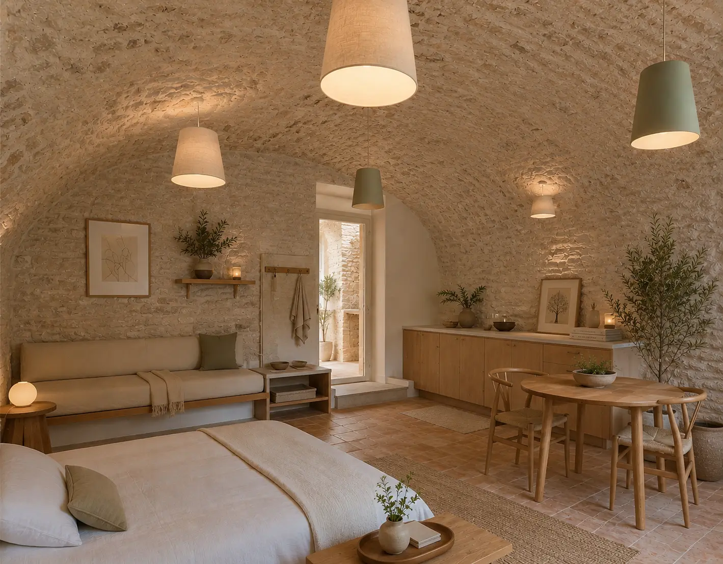 Vaulted stone room with bed and dining table