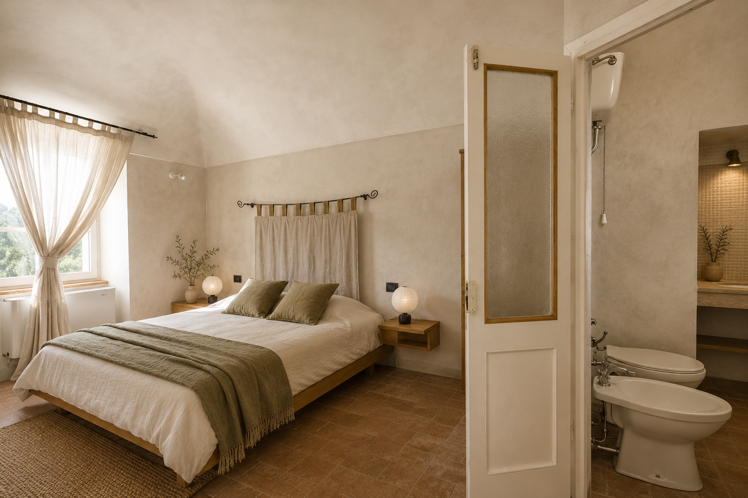 Bedroom with linen headboard and ensuite bathroom