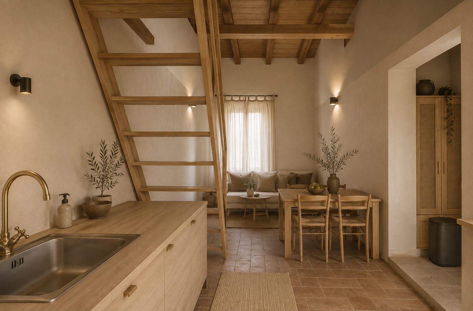 Kitchen with ladder to a mezzanine and dining table