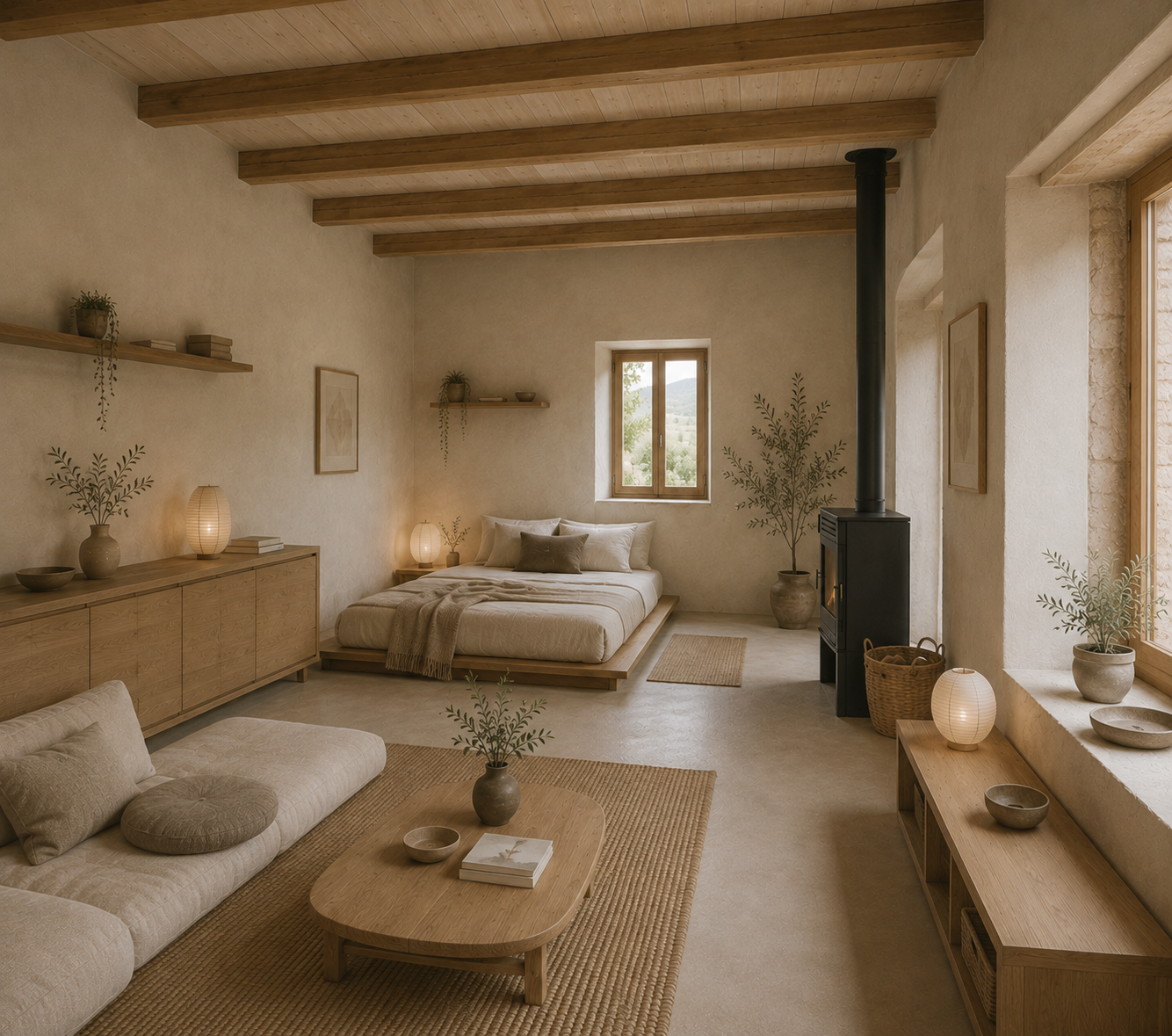 Living room with wood stove and hillside view