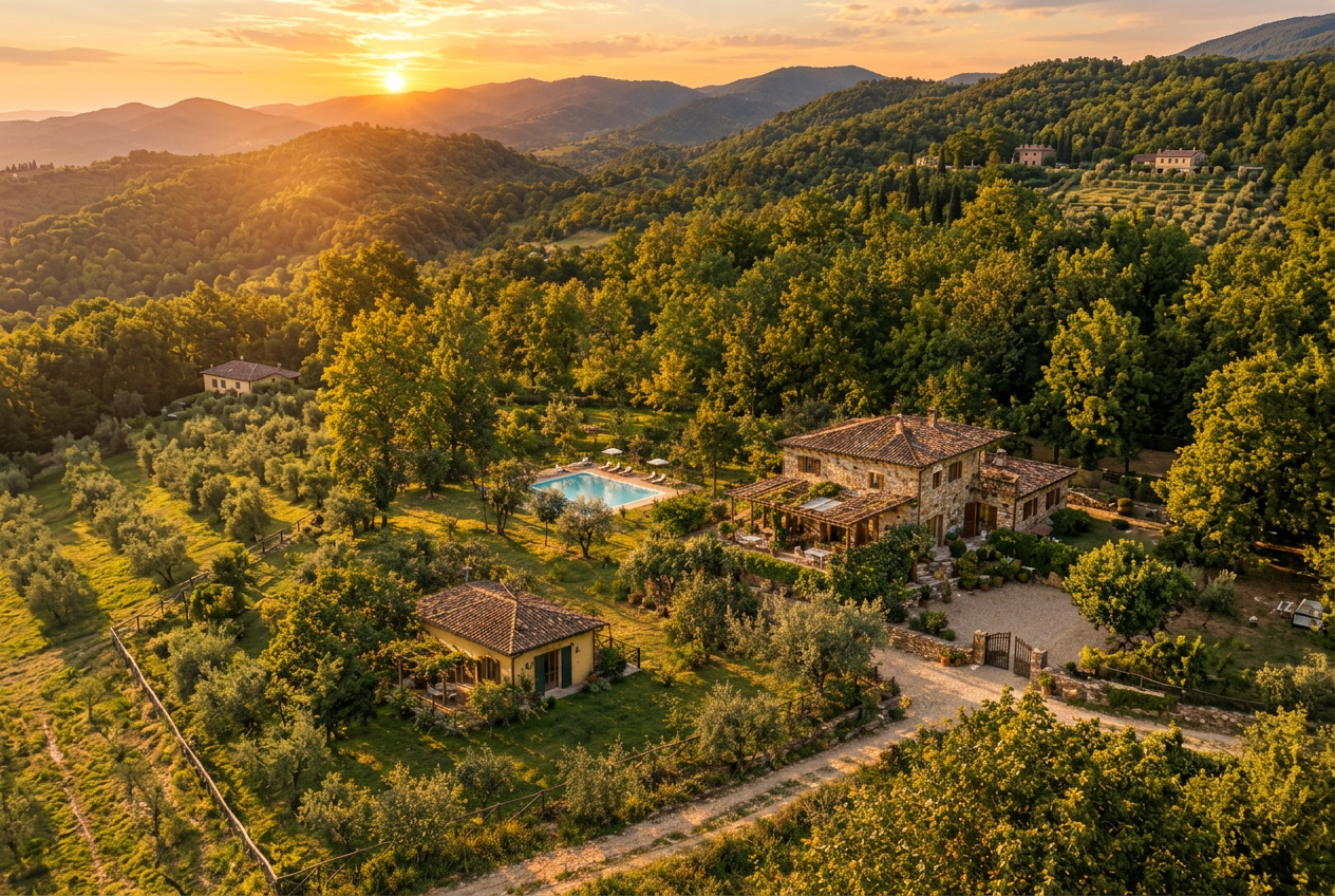 Aerial view of the Tuscan estate and surrounding land