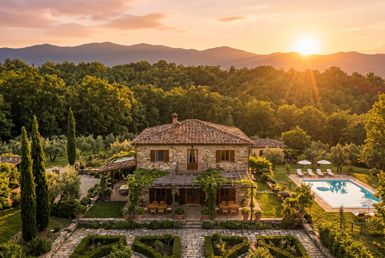 Frontal view of the Tuscan estate at sunset
